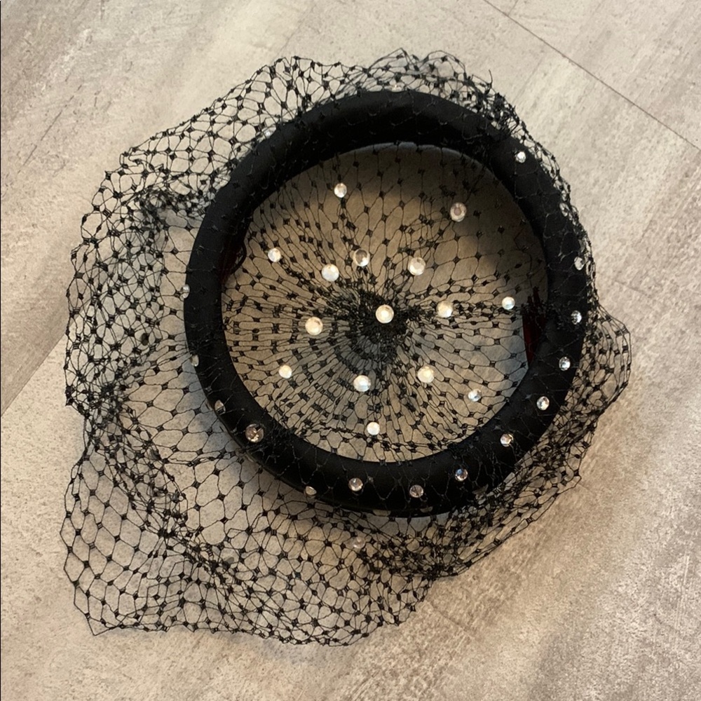 Elegant vintage 1950s Black Veil Hat with Rhinestones